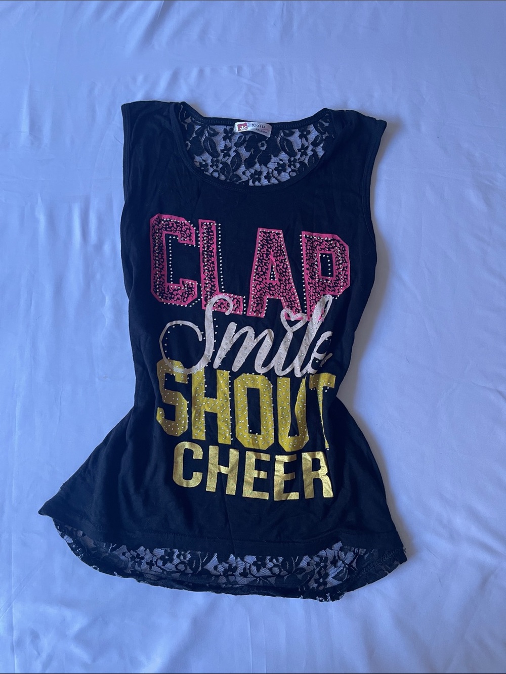 Black Graphic Lace-Back Tank Top with Pink and Gold Lettering